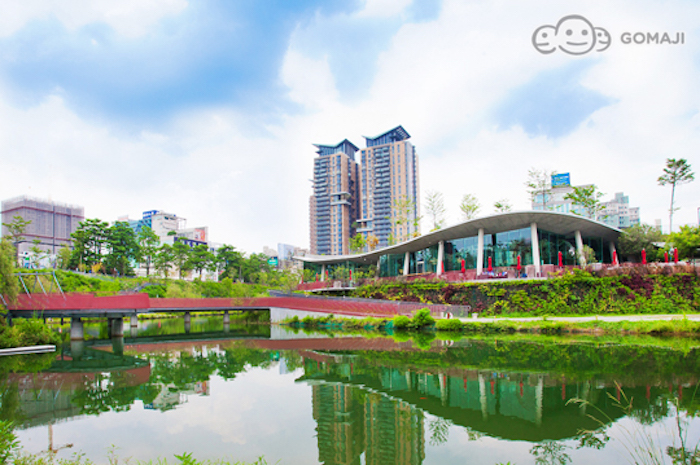 台中熱門約會景點-「秋紅谷生態公園」,兼具了景觀與生態的功能,含有藍水、綠地與紅樹